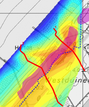 artsoll_ruimtelijke weergave van het stijghoogtevlak en de berekende waterscheiding (blauwe stippellijn)